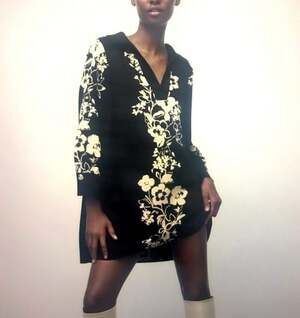 Zara Black Floral Print V-Neck Tunic Mini Dress